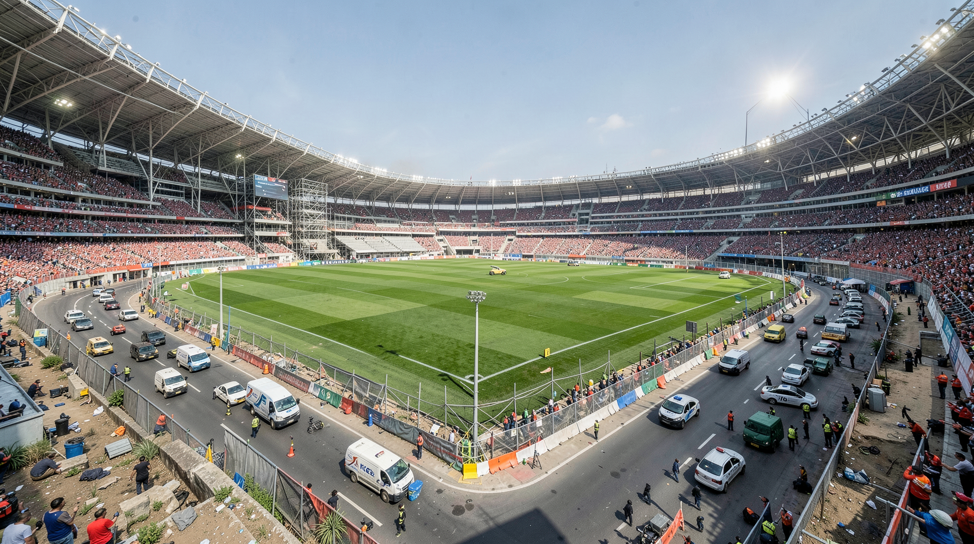Wide shot of a World Cup stadium under construction with ICE vehicles visible on a perimeter road, tension between celebration and enforcement