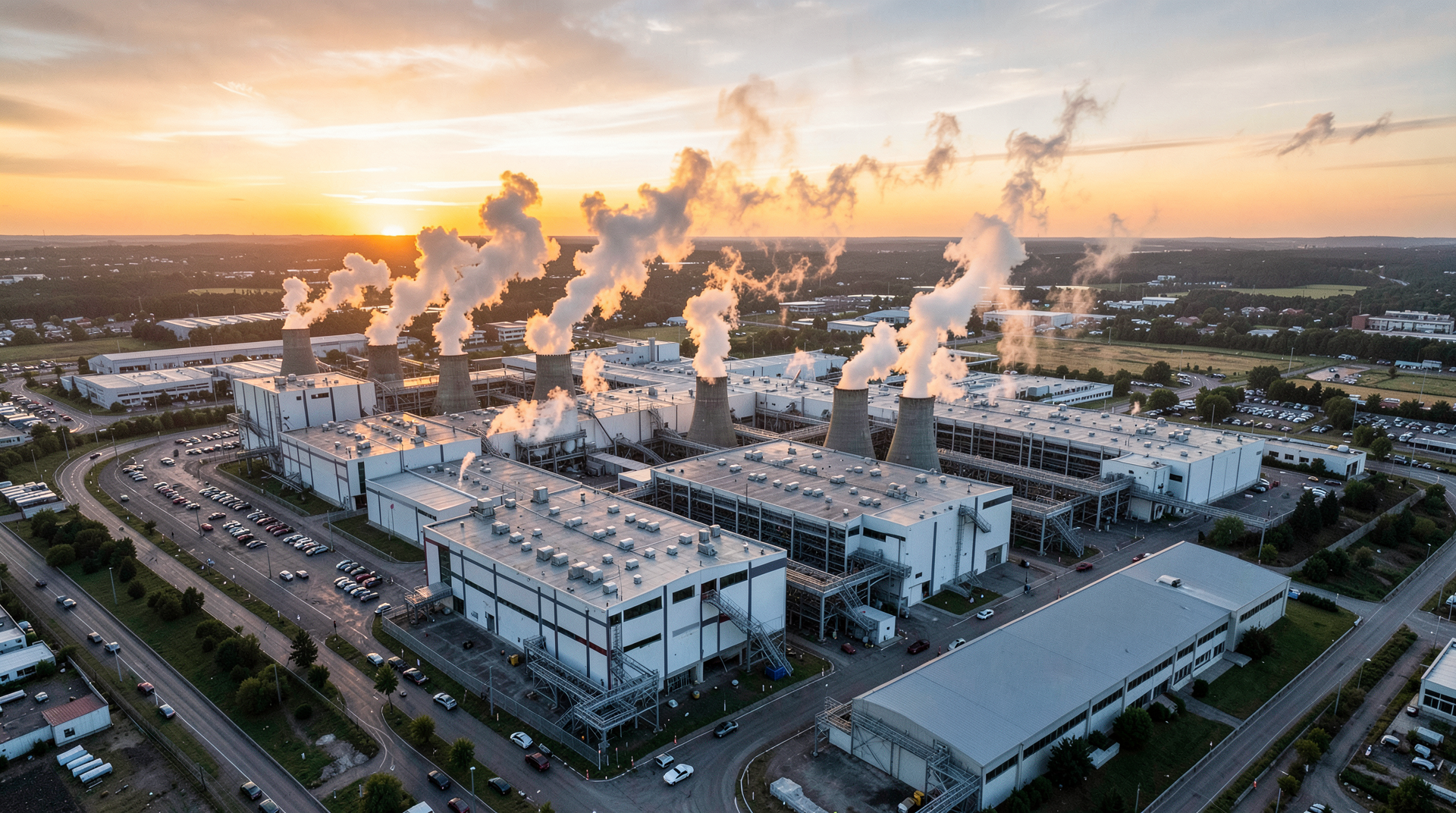Aerial view of a data center cooling tower releasing steam at sunset