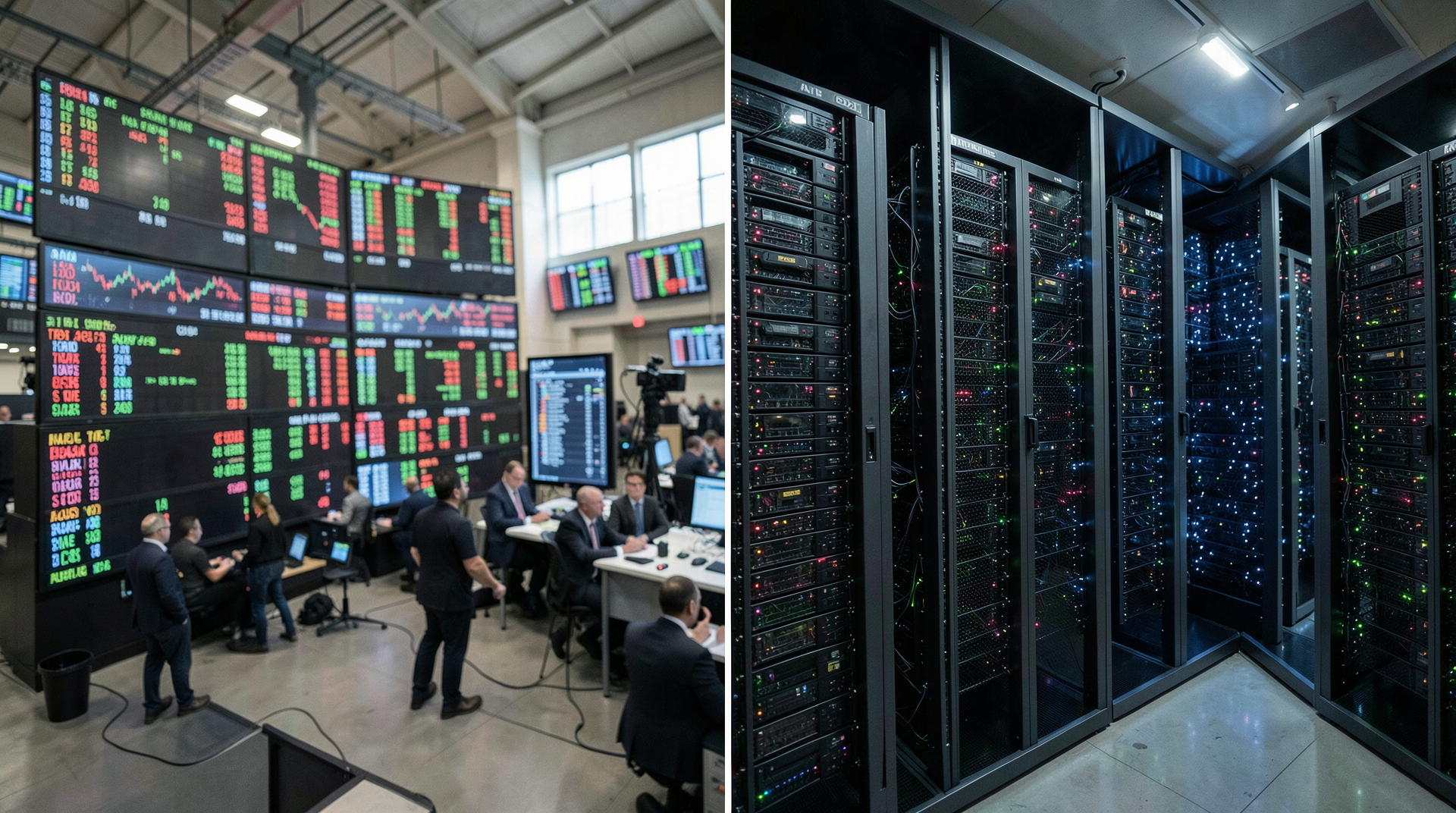 Split image: stock market ticker on one side, AI server room on the other, conveying convergence
