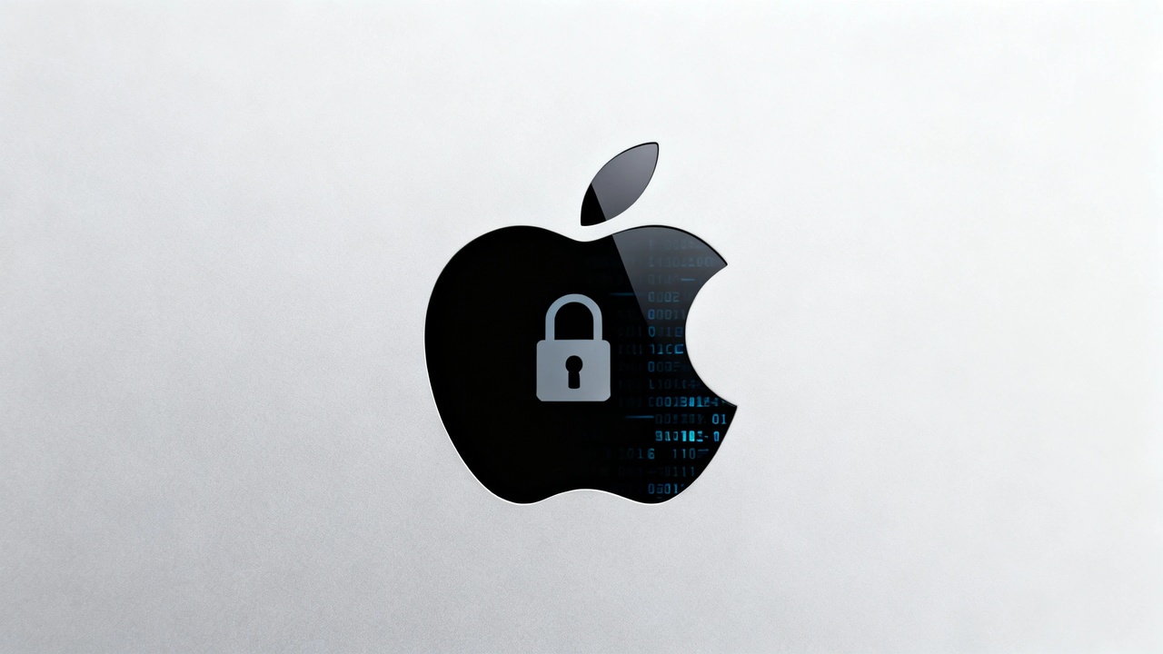 Apple logo with subtle AI privacy motif, lock icon integrated into Apple design language