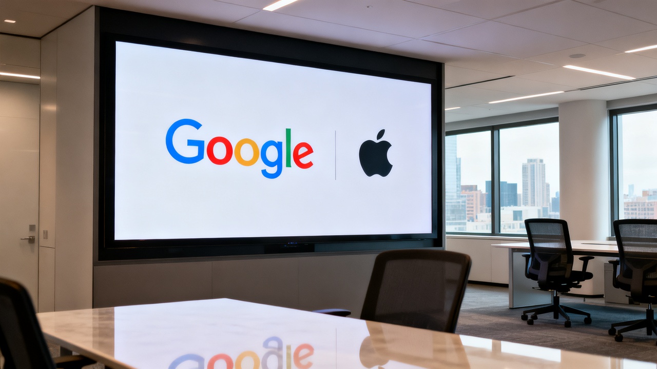 The Google and Apple logos side by side on a digital screen