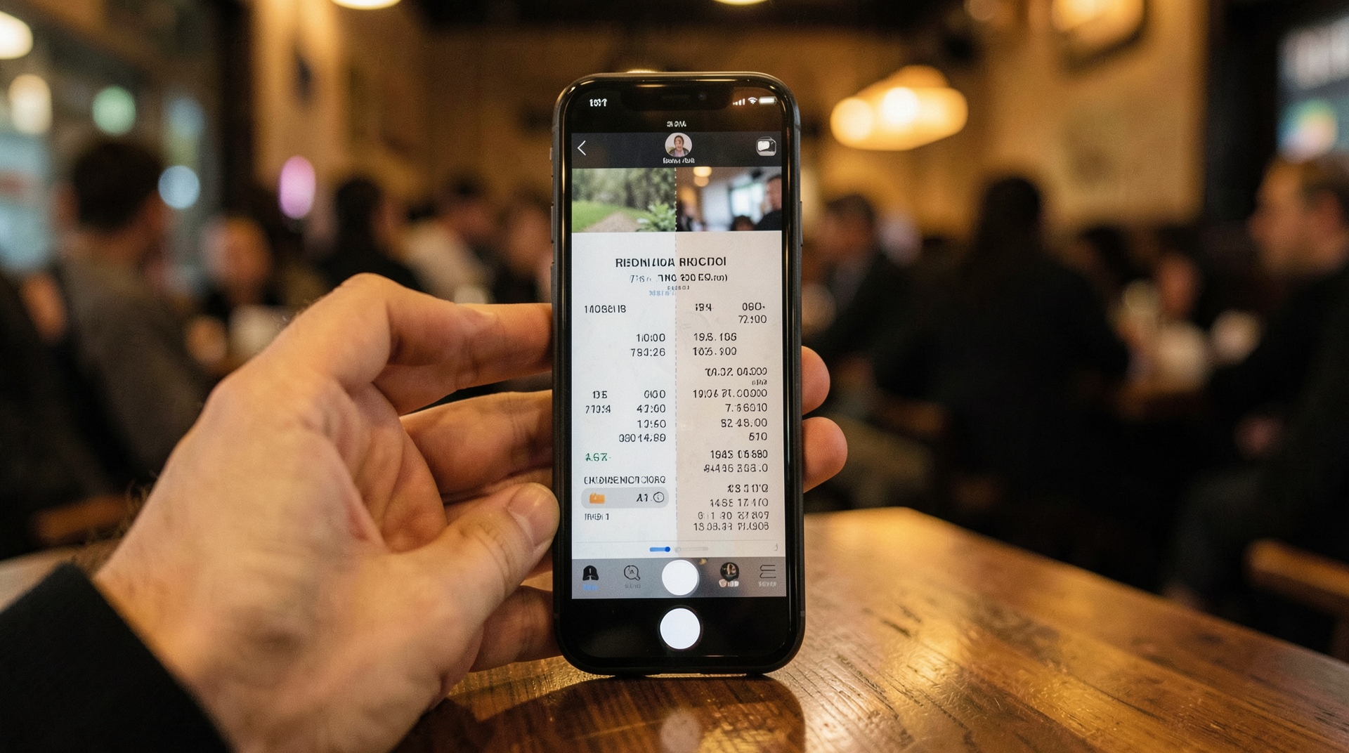 An iPhone held above a restaurant receipt with the Siri interface active on screen