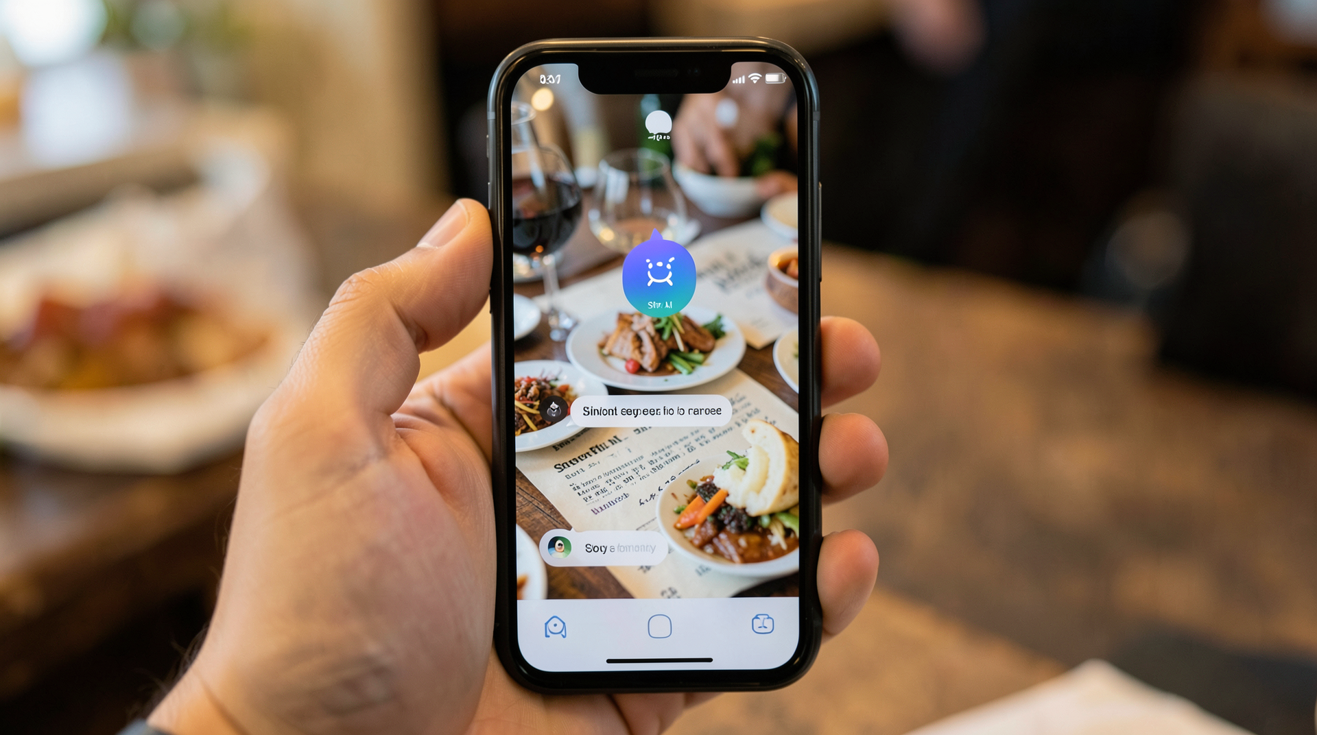 Close-up of iPhone screen showing Siri AI chatbot interface with conversational overlay