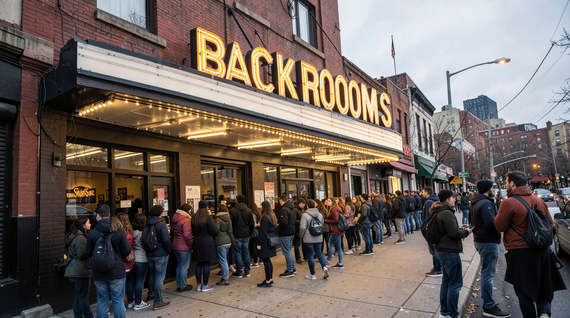 Movie theater marquee showing Backrooms in bright letters with a long line of young adults stretching down the sidewalk