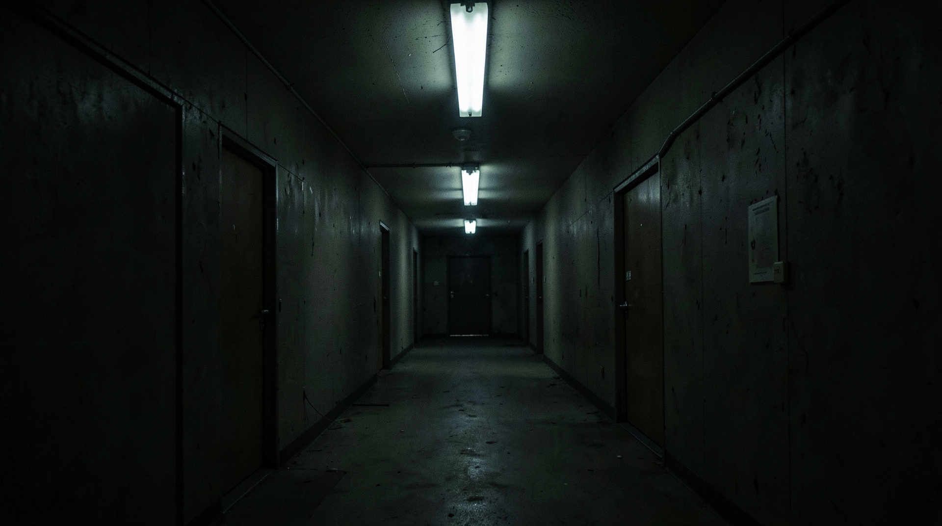 A dark liminal hallway with fluorescent lights, the Backrooms film's signature aesthetic