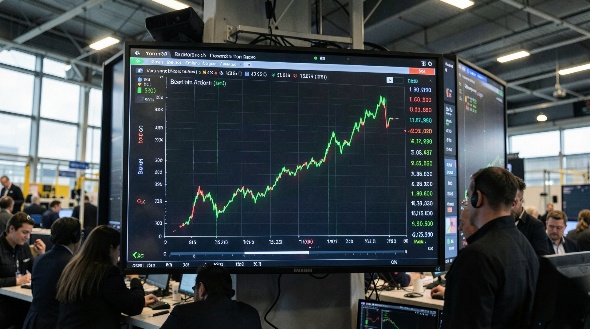 Trading floor screens showing Brent crude price chart with green upward arrow