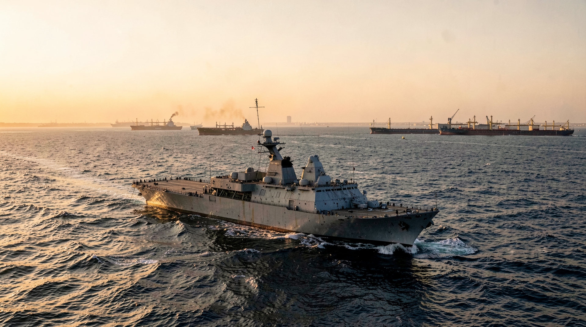 A guided-missile destroyer in the Strait of Hormuz with commercial vessels visible on the horizon