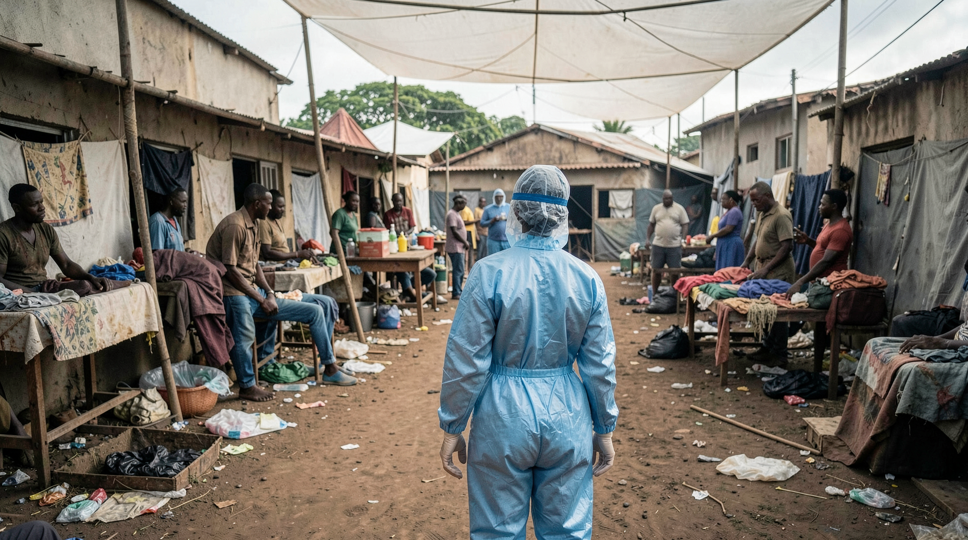 Health worker in protective gear at a Congo Ebola treatment facility, shot from behind conveying scale against scarcity