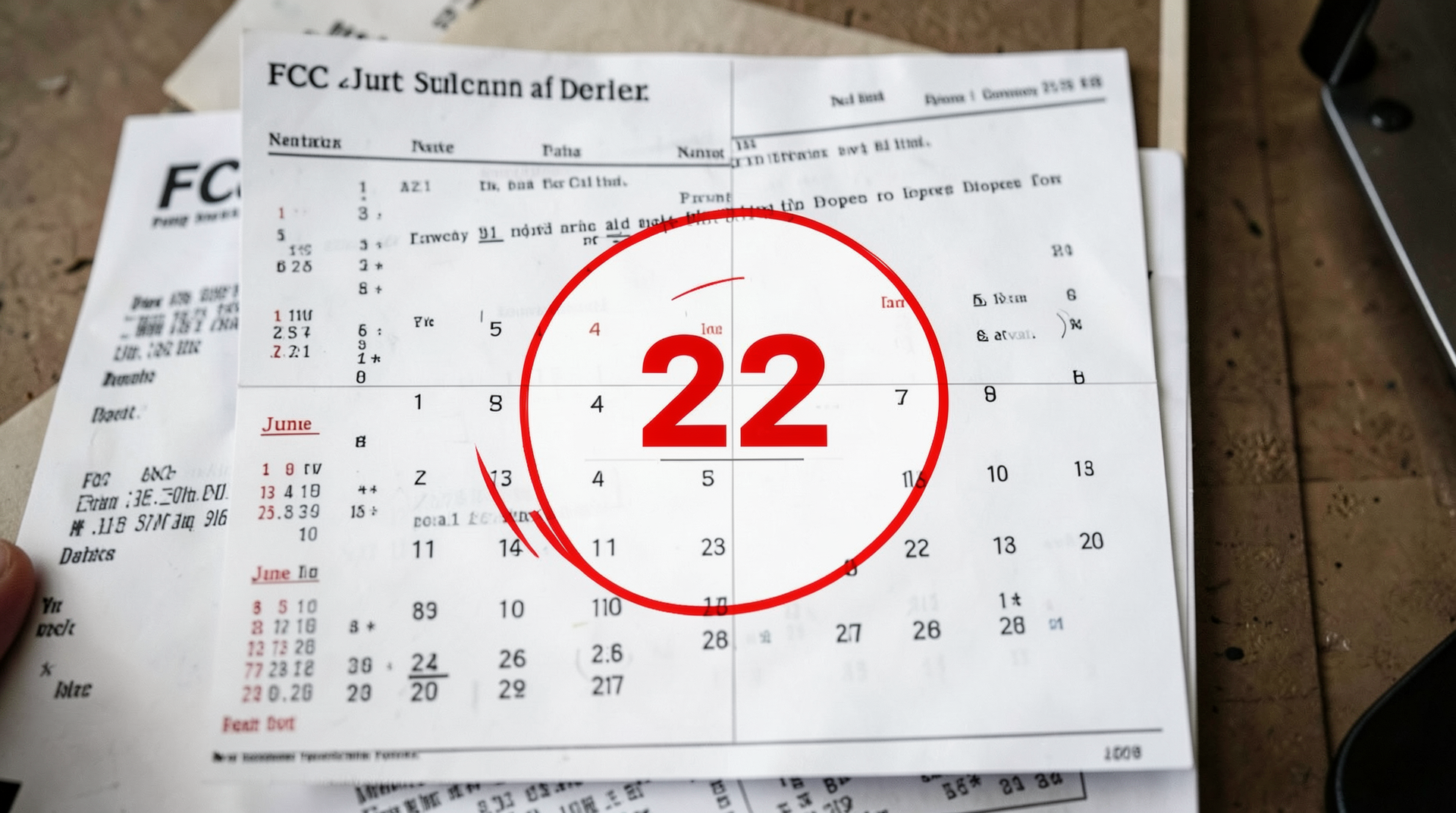 Calendar page showing June 22 circled in red with FCC correspondence in background