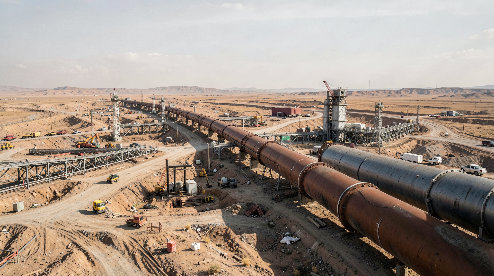 Construction site of oil pipeline with desert landscape and industrial infrastructure