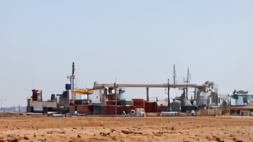 Oil pipeline under construction in desert landscape with storage tanks