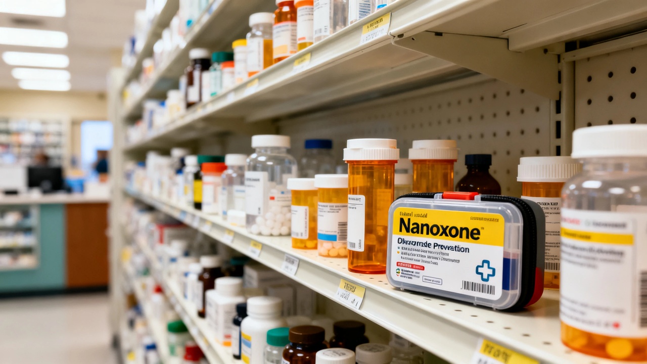 Prescription medication bottles on pharmacy shelf with overdose prevention kit visible nearby