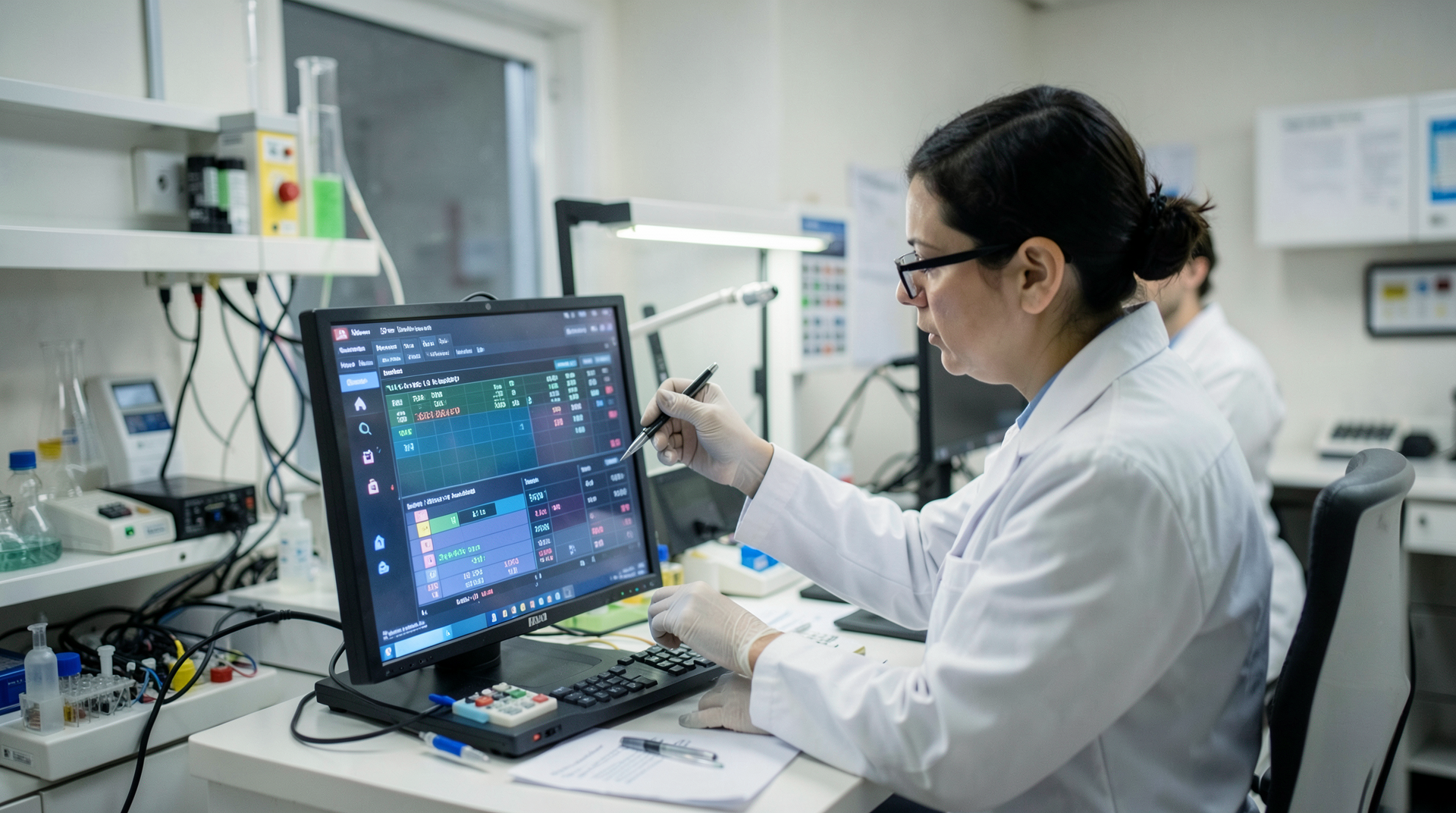 Laboratory technician examining GLP-1 receptor assay results on a screen