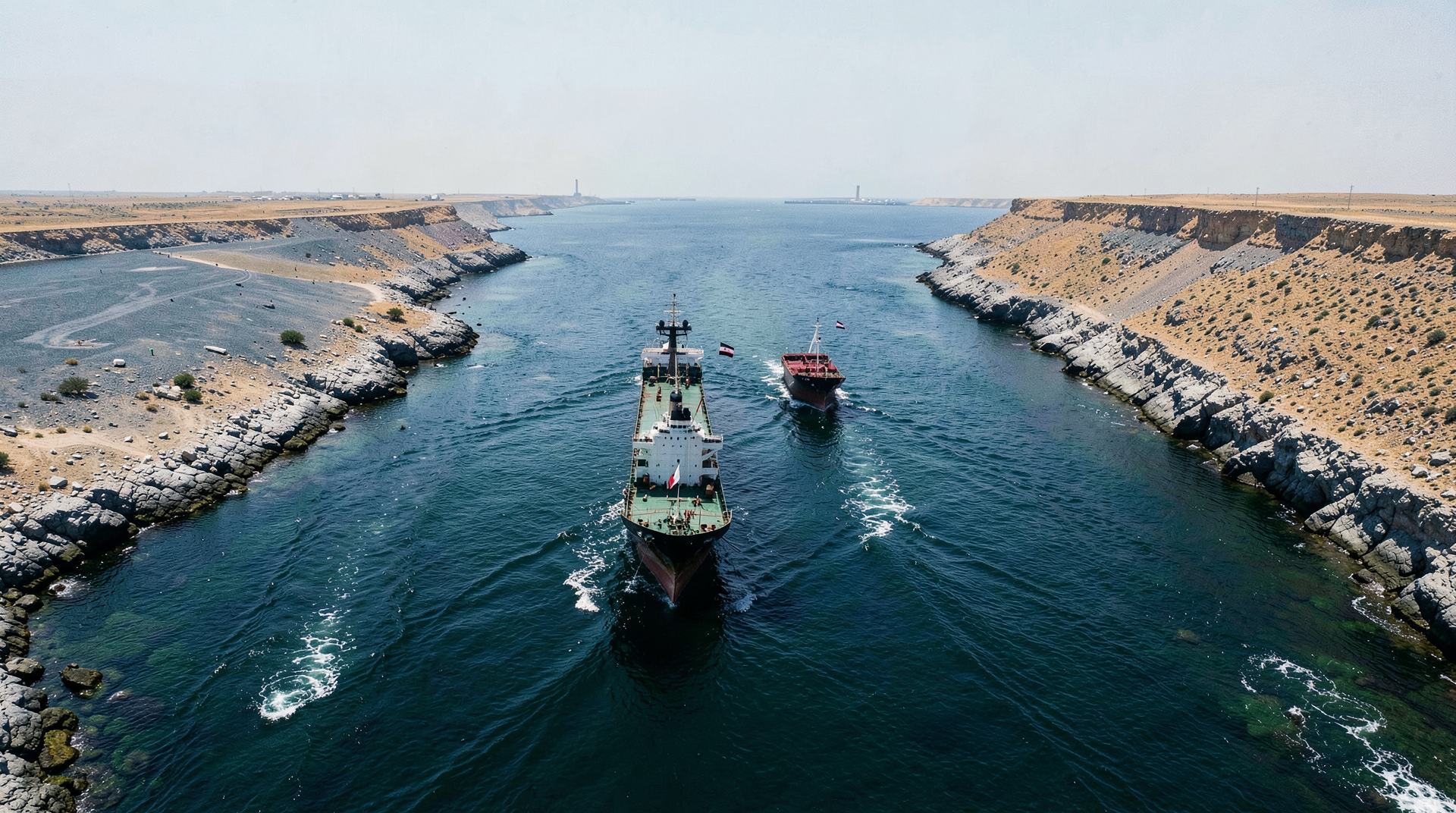 Aerial view of the Strait of Hormuz with two tankers passing in opposite directions through the narrow waterway