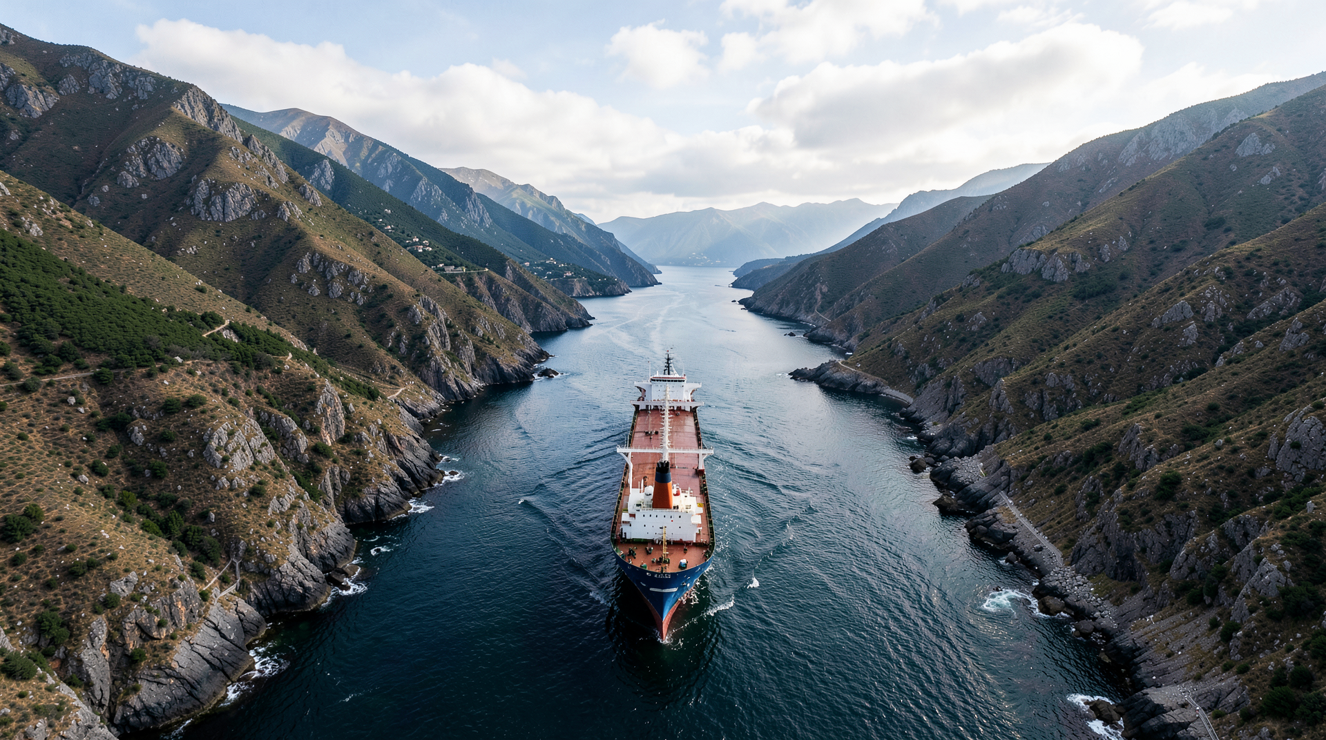 Aerial view of oil tanker in narrow strait with mountainous coastline