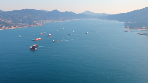 Aerial view of Strait of Hormuz with cargo ships in shipping lane