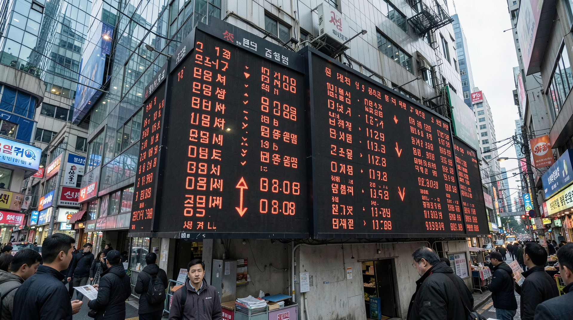 Electronic stock ticker board in Seoul showing sharp decline