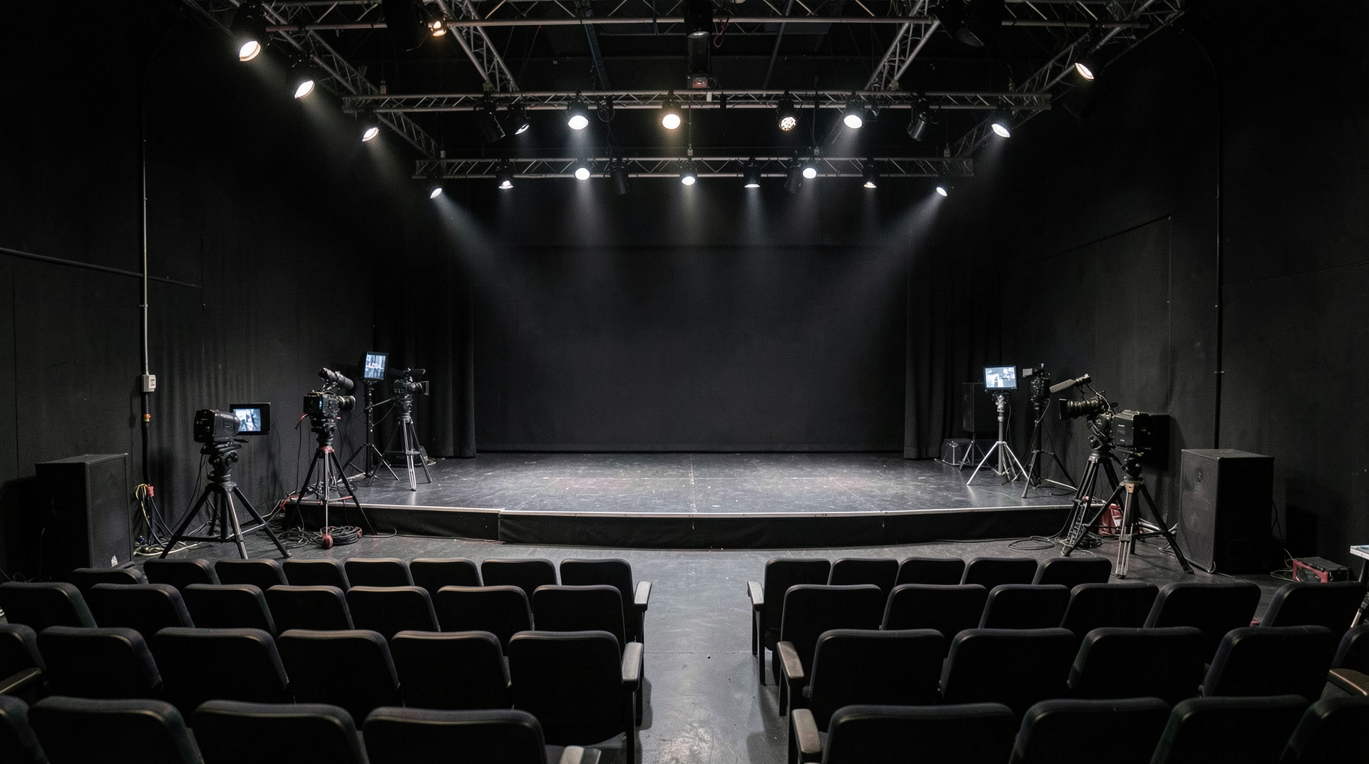 Empty late-night TV studio set with cameras and empty audience seats