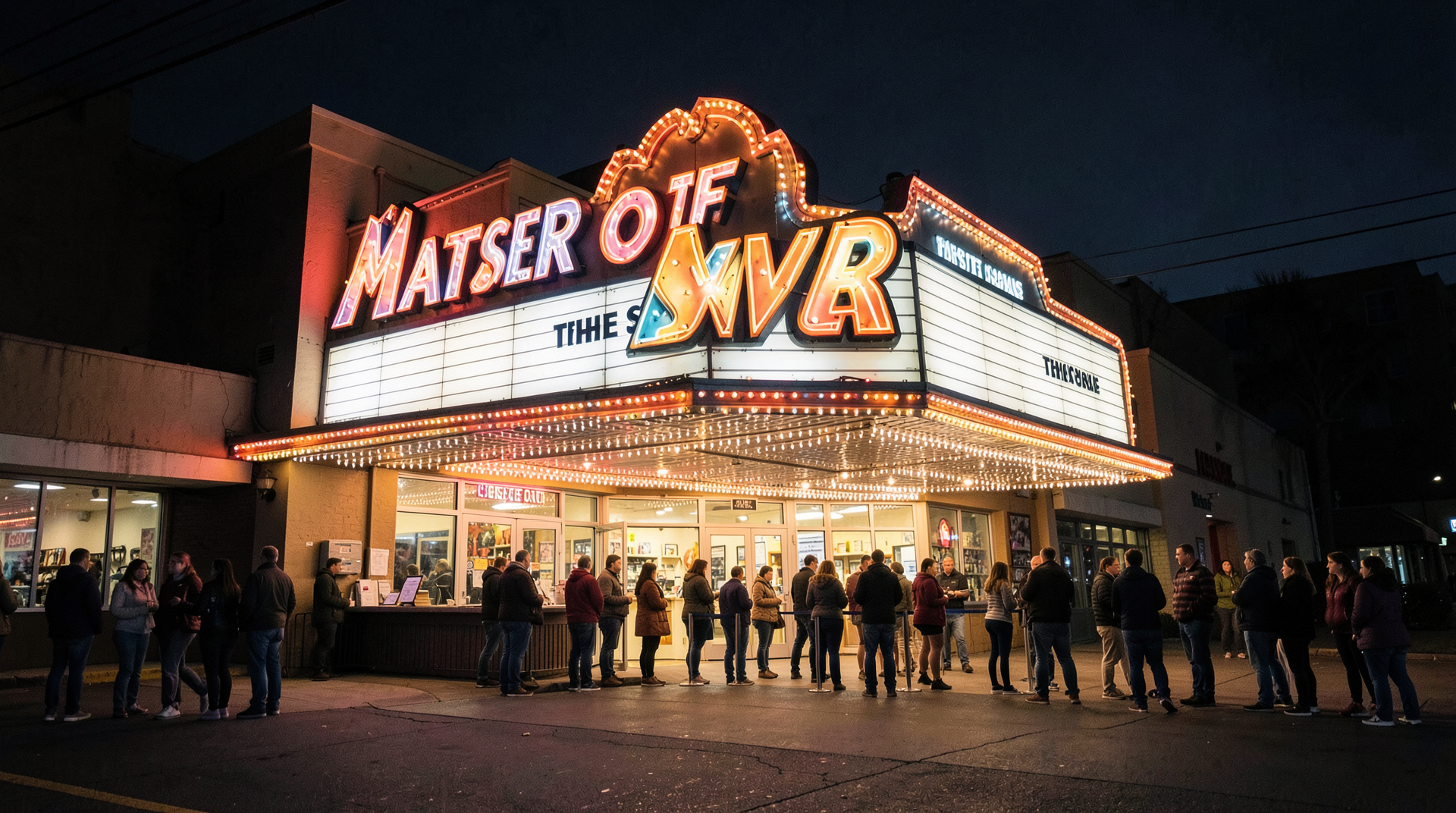 A movie theater marquee displaying Masters of the Universe