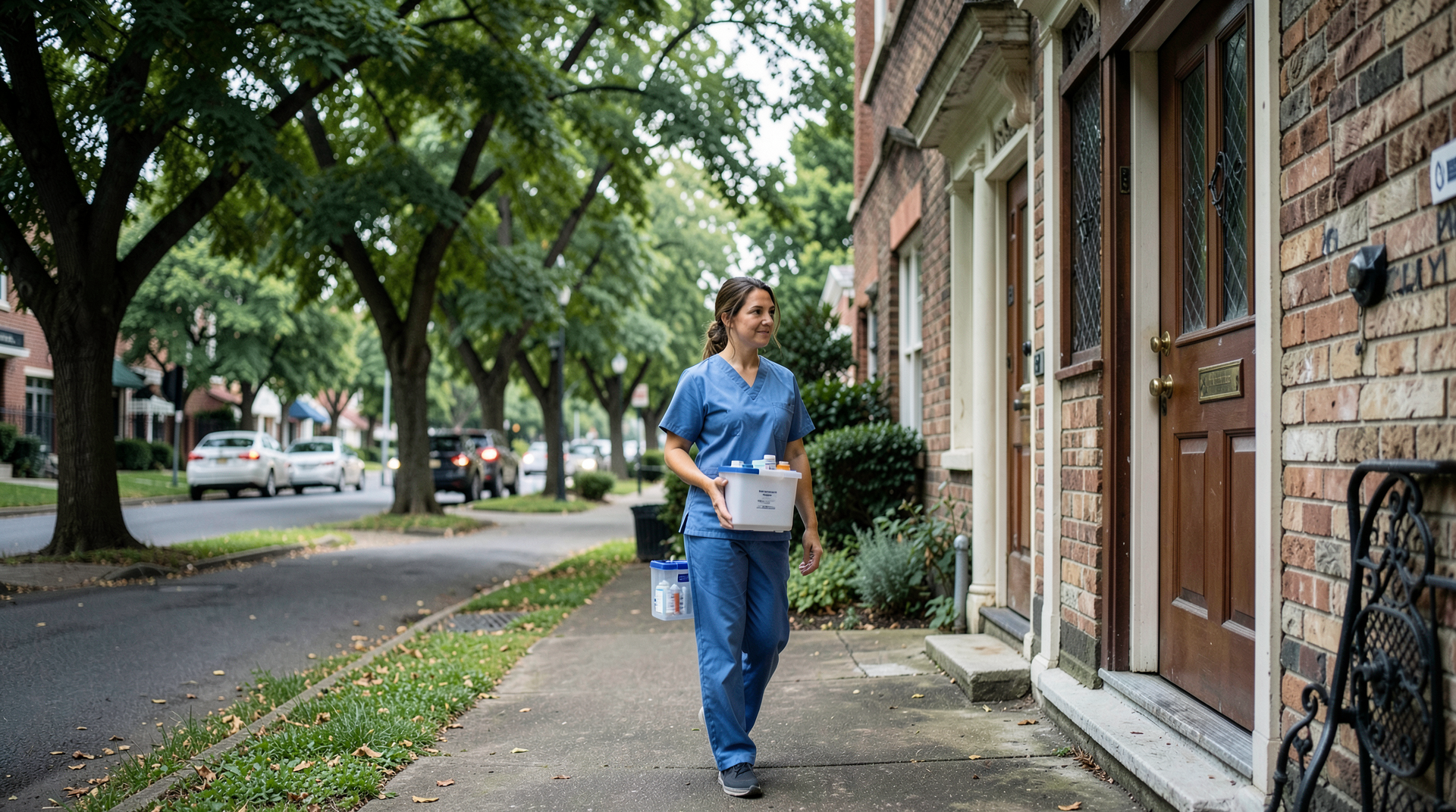 Public health nurse carrying vaccine kit walking toward residential front door