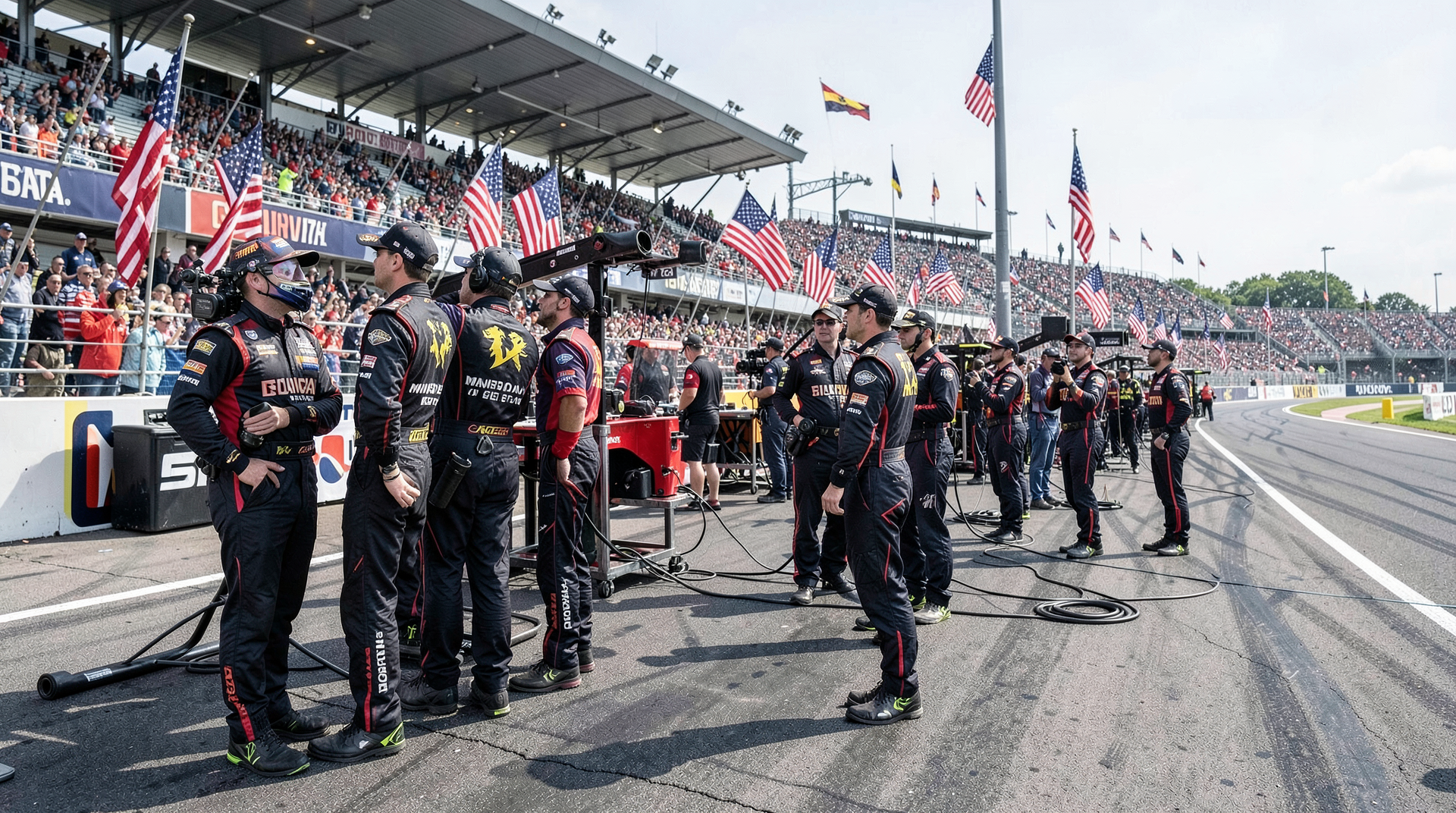 NASCAR pit crew member standing at attention during pre-race military ceremony with flags
