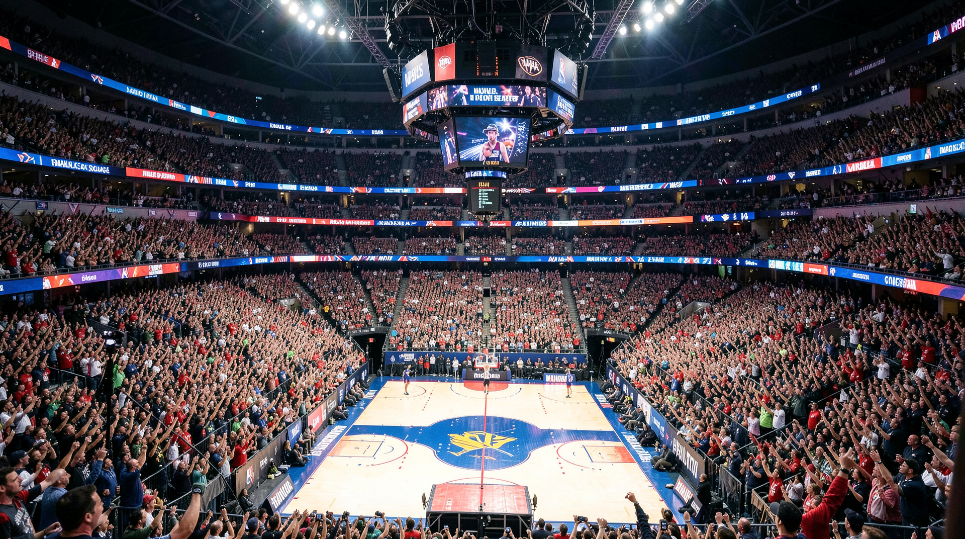 Packed Madison Square Garden during the NBA Finals, wide angle showing crowd density and court