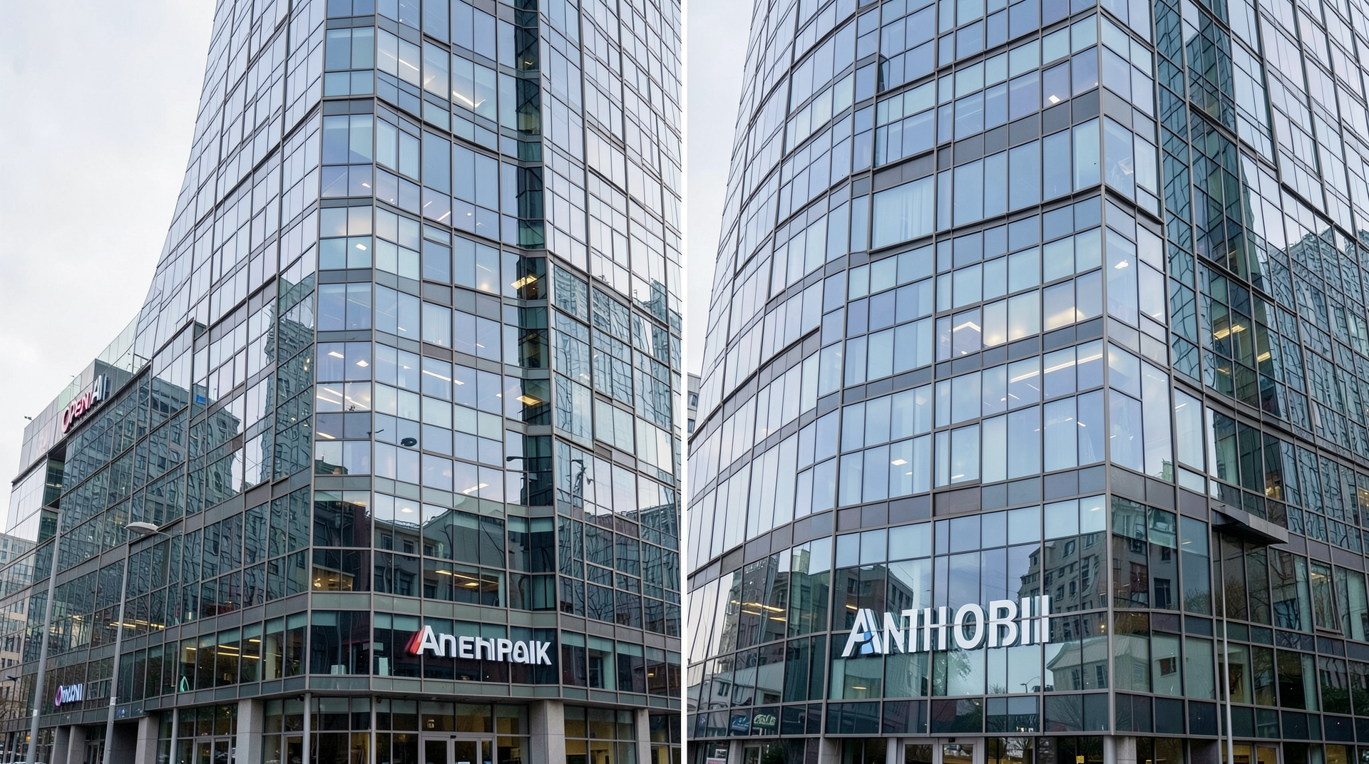 Side-by-side OpenAI and Anthropic logos on glass office buildings