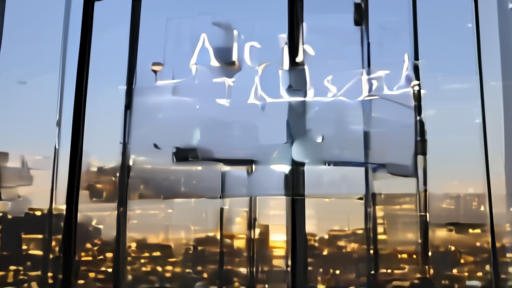 The OpenAI logo displayed on a screen in a financial district setting
