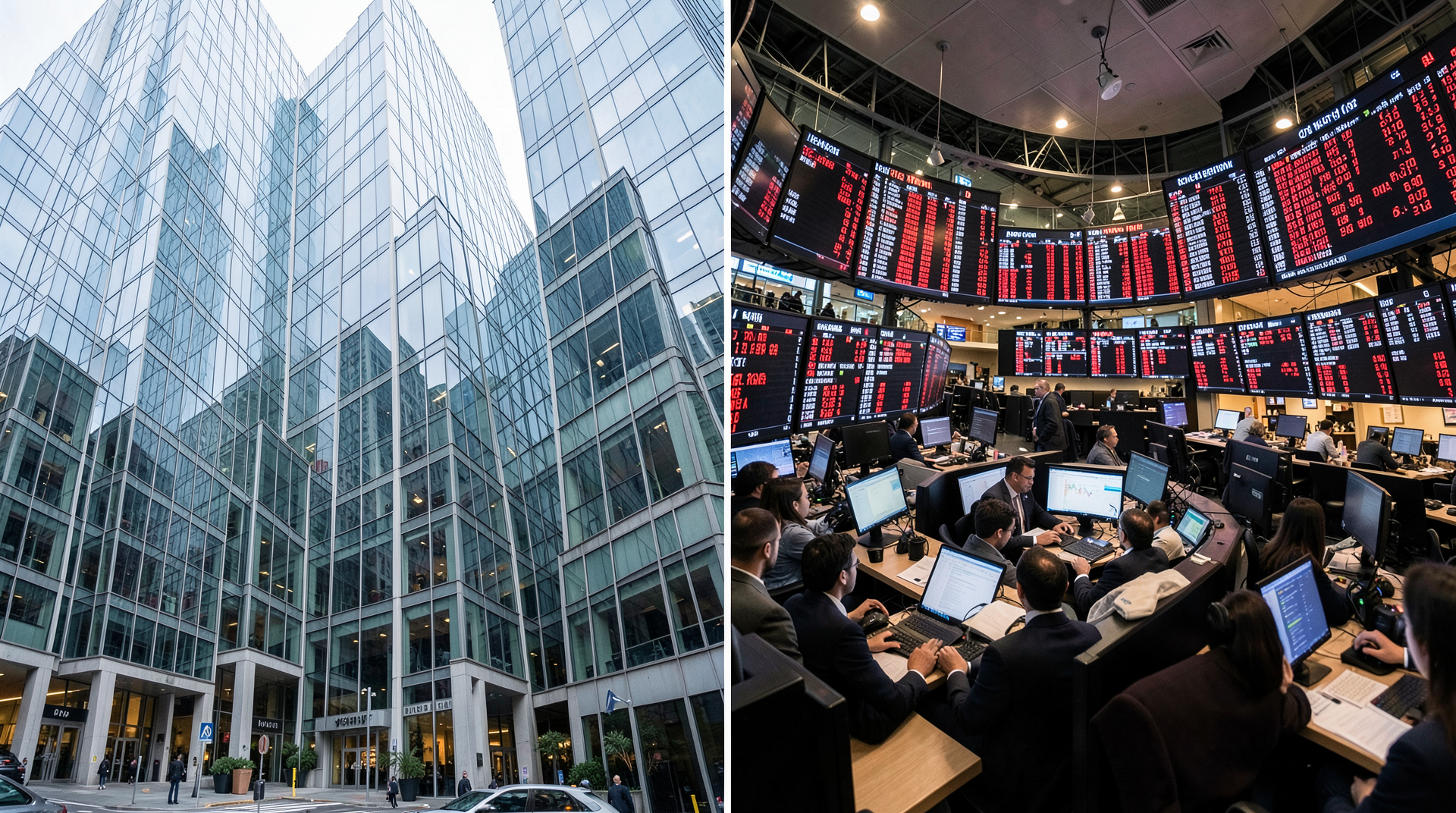 Split composition of Silicon Valley office building and stock exchange trading floor with red numbers
