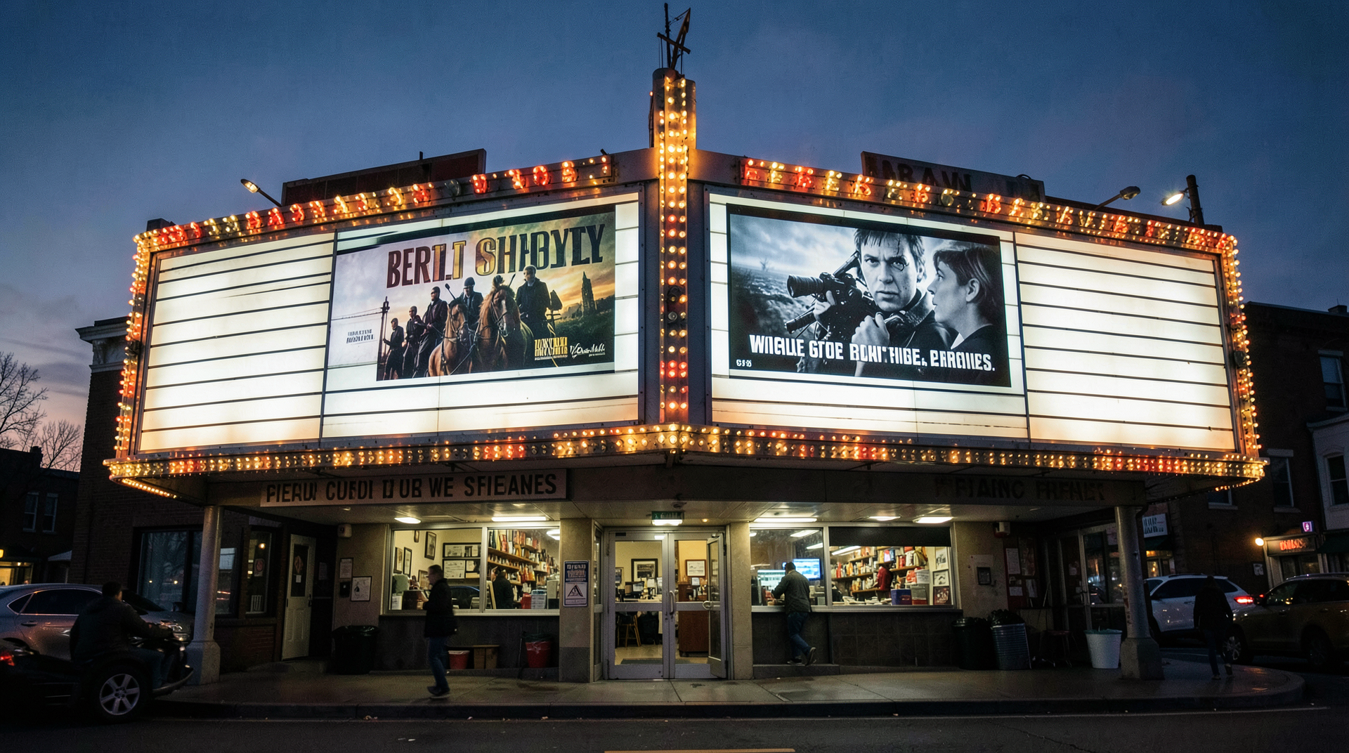 Movie theater marquee showing two film titles side by side under bright lights