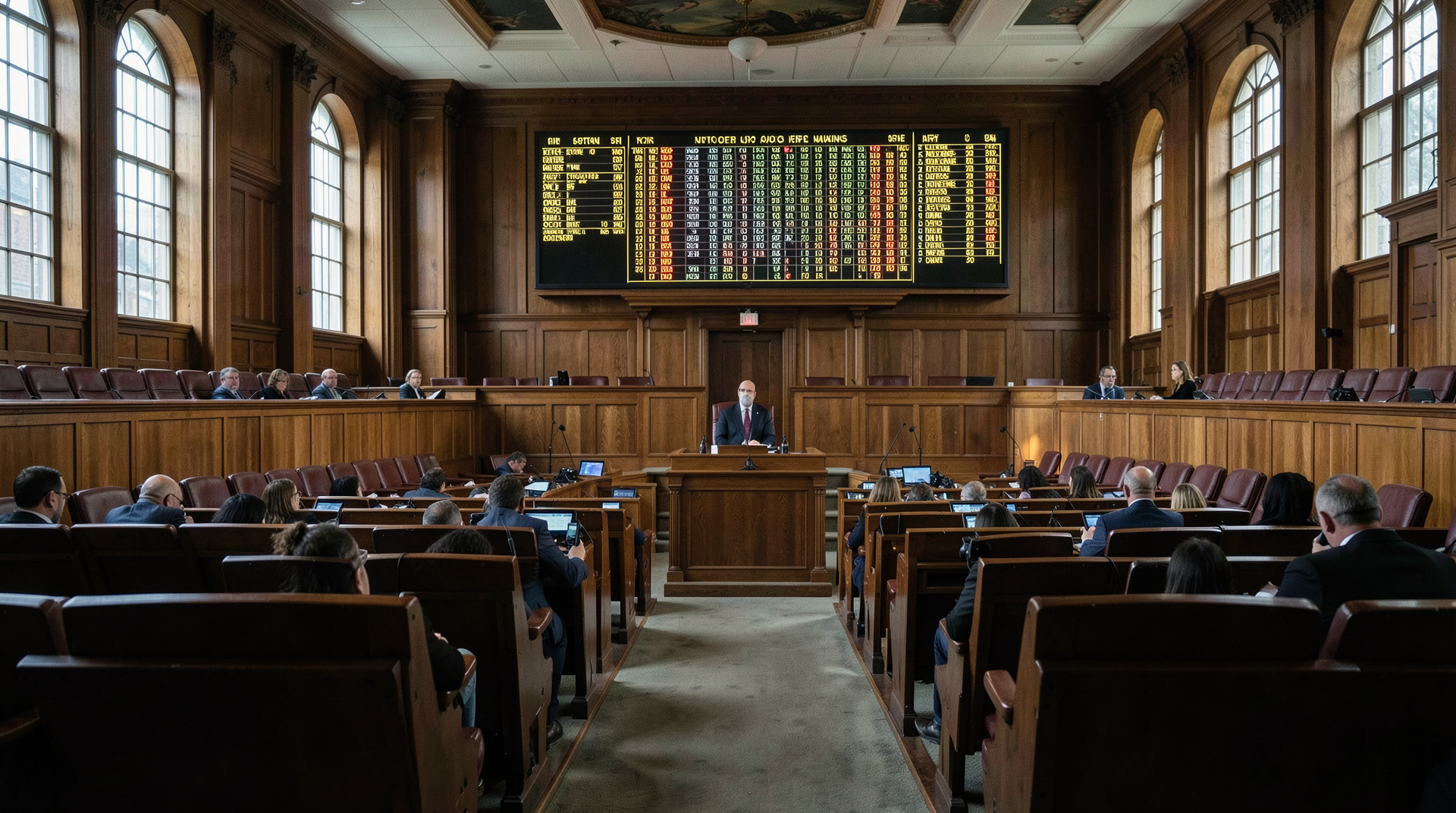 Empty Senate chamber with vote tally board visible in background