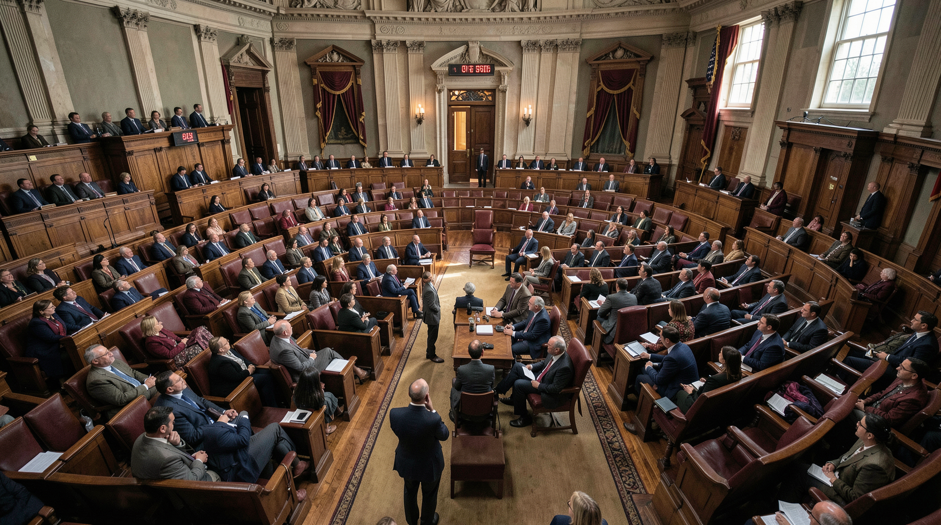 US Senate chamber floor from elevated angle, mostly empty seats with a few senators in conversation, late afternoon light