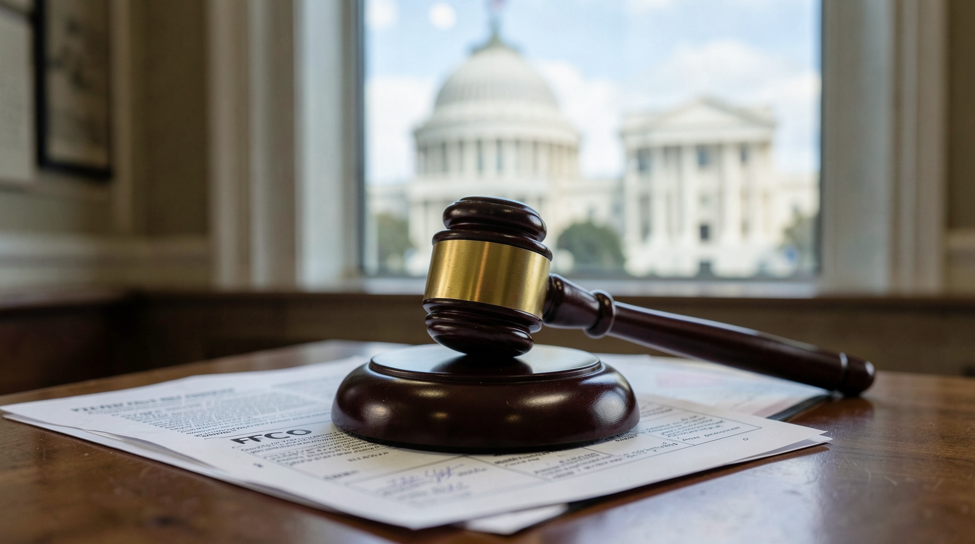 A federal gavel resting on regulatory documents with the Supreme Court building in soft focus behind it