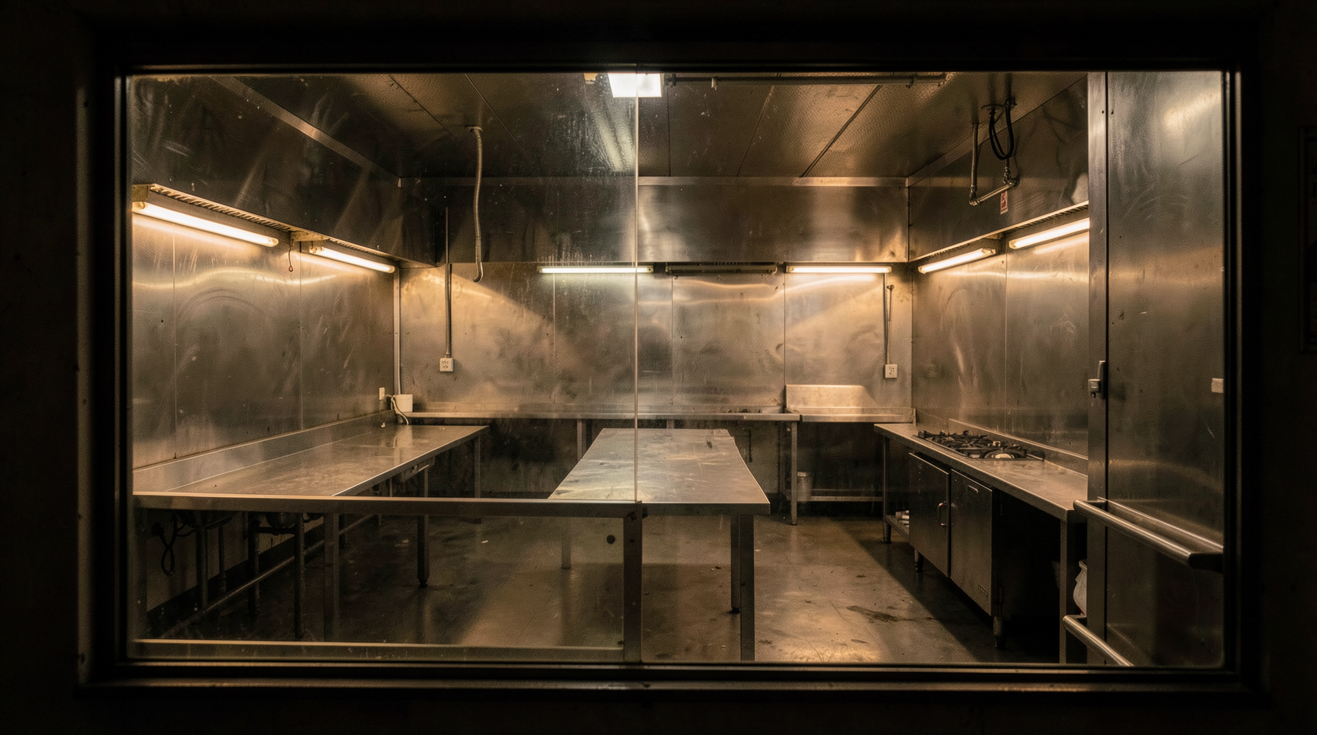 Empty restaurant kitchen pass window with moody warm lighting