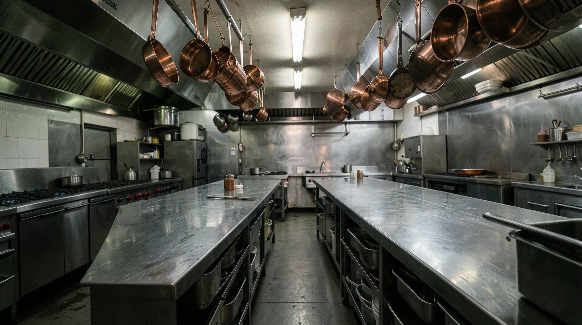 Empty restaurant kitchen with stainless steel counters and hanging copper pans