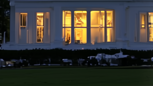 White House exterior at dusk with press vehicles