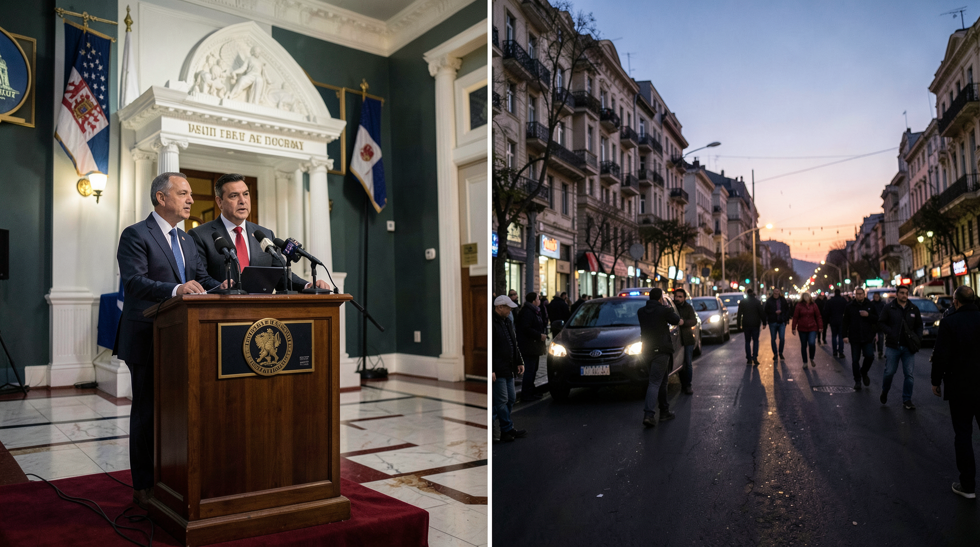 Split-frame of White House press briefing podium and Tehran street scene at dusk