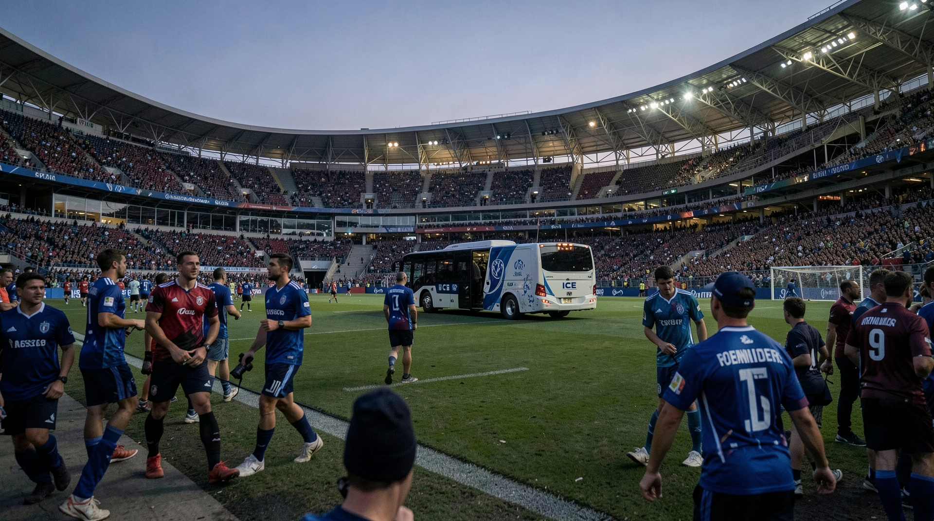 World Cup stadium exterior at dusk with an ICE vehicle parked near the perimeter as fans walk past