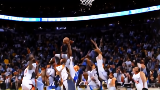 OG Anunoby mid-air tipping the ball toward the basket with defenders reaching and the crowd rising