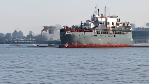 A merchant cargo ship with visible hull damage sitting low in calm waters near a port