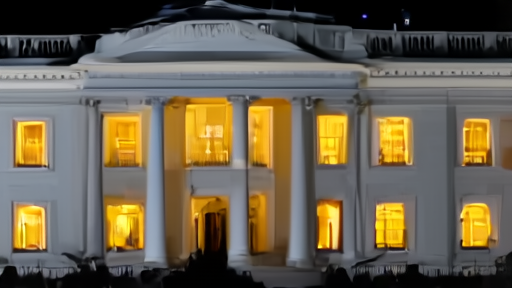 The White House exterior at night with lit windows and a lone Marine guard at the entrance