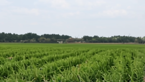 Rows of green crops in a field with a fertilizer spreader visible in the background under overcast skies