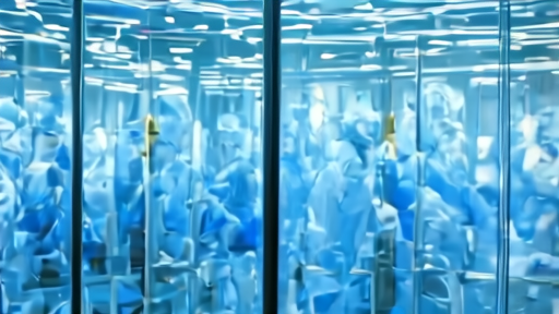 A semiconductor fabrication clean room with workers in full protective suits visible through glass walls