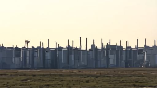 A large oil storage facility with rows of white cylindrical tanks under a clear sky