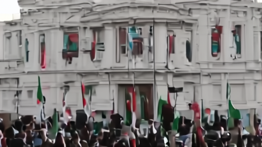 India's Ministry of External Affairs building with Indian flags and press photographers gathered outside