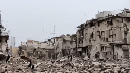 Damaged residential buildings in an Iranian city with debris scattered across a street and residents surveying the destruction