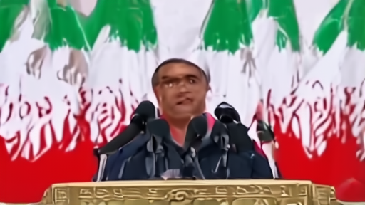 An Iranian military spokesperson at a podium with microphones and Iranian flags in the background