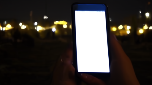 A dark Iranian cityscape at night with no visible lights, a single phone screen glowing in the foreground