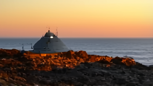 A military radar installation on a rocky coastline overlooking a strait at dusk