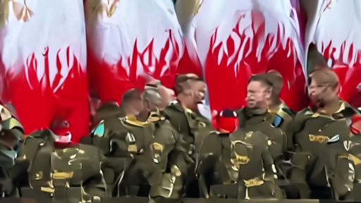 IRGC military officials at press conference podium with Iranian flags during statement on U.S. strikes